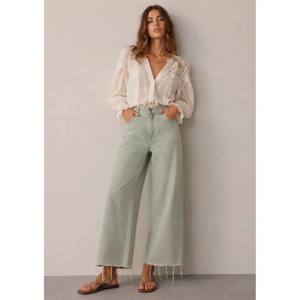 2/$30 Zara Wide Leg Jeans Women Sz 8 Pastel Green Raw Hem High Rise